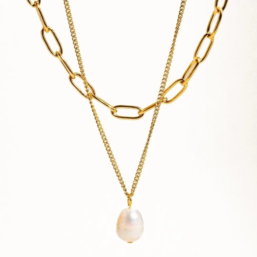 Gold Layered Chain Necklace Pearl Pendant Chunky Paperclip Chain